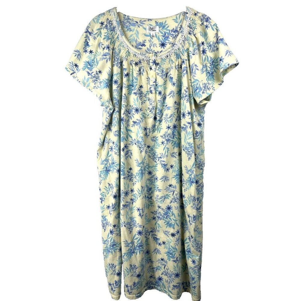 Aria Womens Nightgown XL Blue Cream Floral Short Sleeve Knee Length Cotton Blend